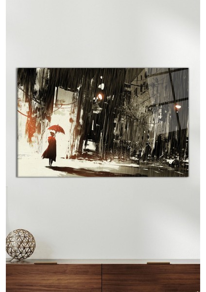 Kırmızı Şemsiyeli Kadın Yatay Cam Tablo, Modern Ev Ofis Dekoru, Hediyelik Duvar Dekorasyonu Kırılmaz