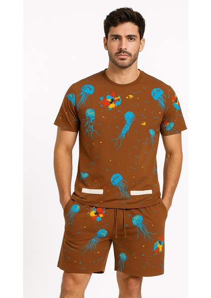 Off White Şort + Tişört Takım (Deniz Baskılı) Kahverengi