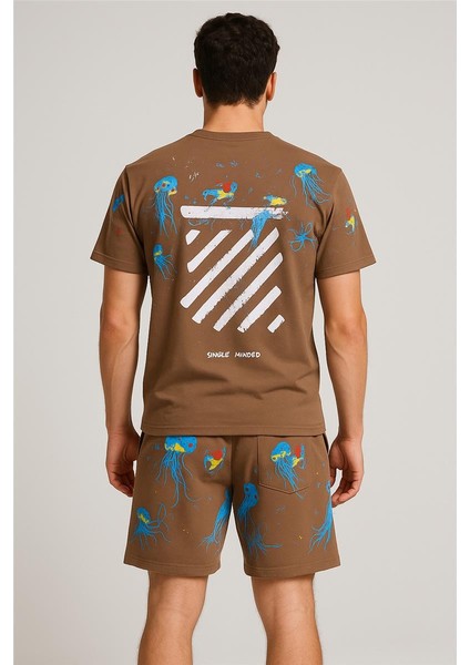 Off White Şort + Tişört Takım (Deniz Baskılı) Kahverengi fiyatları