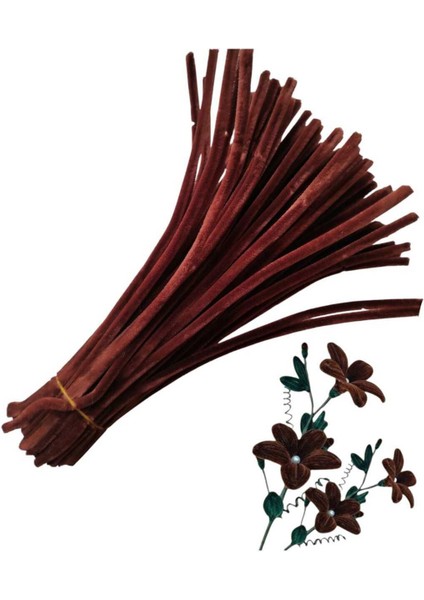 100 Adet Koyu Kahve Şönil, Çiçek Yapımına Uygun Tüylü Tel, 30 cm 6mm