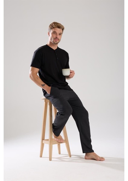 Modaserdem Akbeniz Erkek Füme Düğmeli Yaka Kısa Kol Pijama Takımı fırsatları