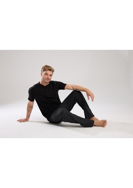 Modaserdem Akbeniz Erkek Füme Düğmeli Yaka Kısa Kol Pijama Takımı