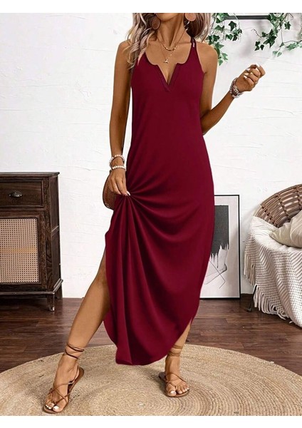 Kadın Askılı Yuvarlak Yaka Asimetrik Detaylı Viskon Elbise