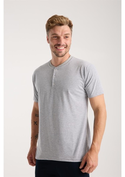 Modaserdem Akbeniz Erkek Gri Düğmeli Yaka Kısa Kol Pijama Takımı