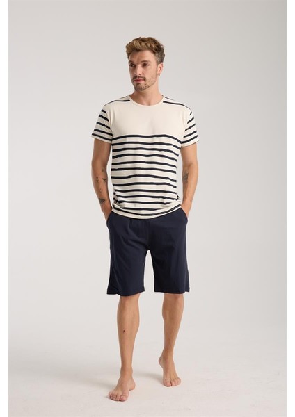 Modaserdem Erkek Krem Sıfır Yaka Kısa Kol Şortlu Pijama Takımı