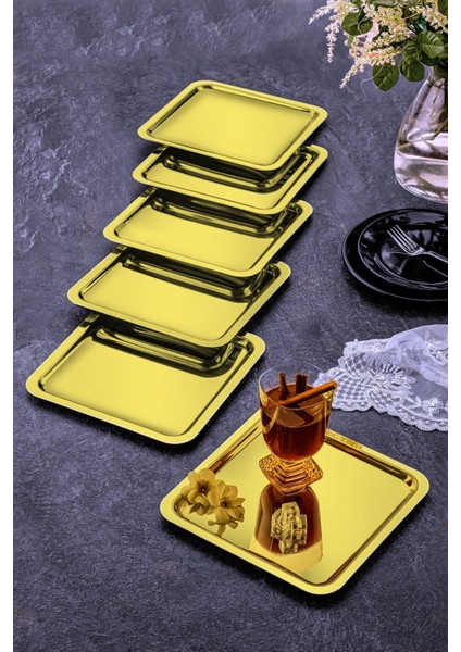 6'lı Lüx Kare Paslanmaz Çelik Kahve Çay Sunum Tepsisi, Altın Renk, 21X21CM