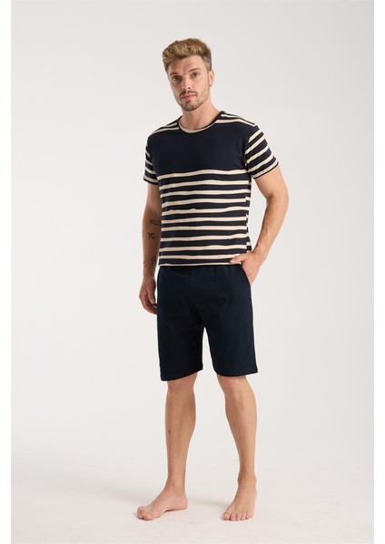 Modaserdem Erkek Lacivert Sıfır Yaka Kısa Kol Şortlu Pijama Takımı