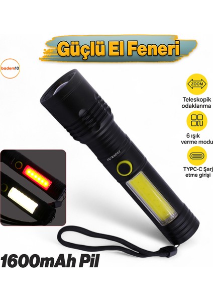 Çok Fonksiyonlu Şarjlı El Feneri Uzun Menzil Metal Kasa 10W Cob LED Işıldak Teleskopik Odaklı