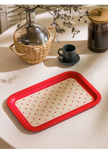 Kırmızı Kalp Desenli 30 cm Metal Tepsi, Şık ve Renkli Sunum Için Ideal fiyatları
