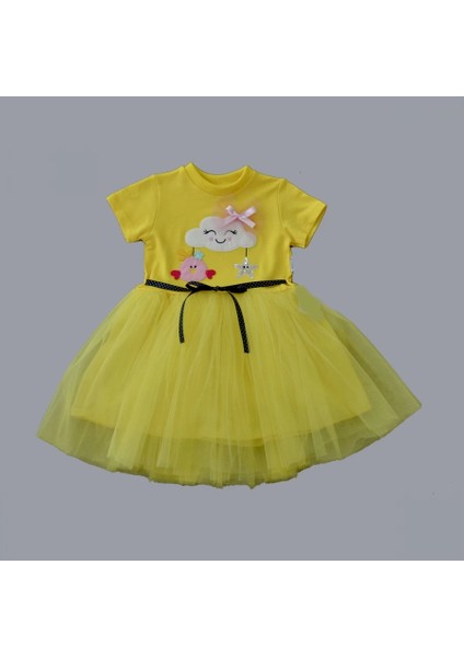 1-2-3 Yaş Tül Tokalı Bulut Civciv ve Yıldız Nakışlı Kız Bebek Elbisesi Sarı fiyatları