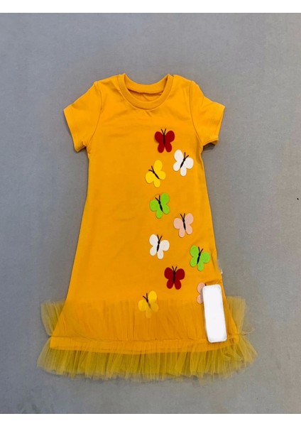 1-2-3 Yaş Renkli Kelebekler Nakışlı Eteği Fırfırlı Jile Çocuk Elbisesi Turuncu fiyatları