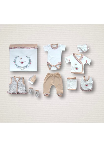Erguvan Taç Nakışlı Kız Bebek 10LU Zıbın Takımı Hastane Çıkışı Nar Çiçeği