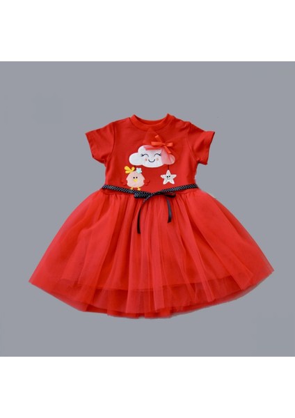 1-2-3 Yaş Tül Tokalı Bulut Civciv ve Yıldız Nakışlı Kız Bebek Elbisesi Kırmızı