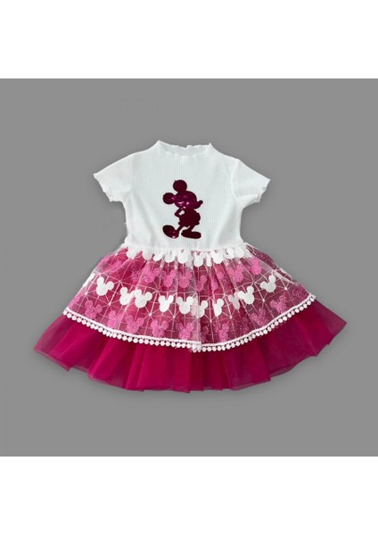 1-2-3 Yaş Payetli Mickey Baskılı Brode Etekli Kız Bebek Elbisesi Fuşya