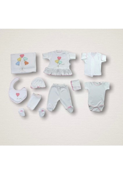 Kalpli Uçan Balon Nakışlı 10LU Zıbın Takımı Hastane Çıkışı Ekru