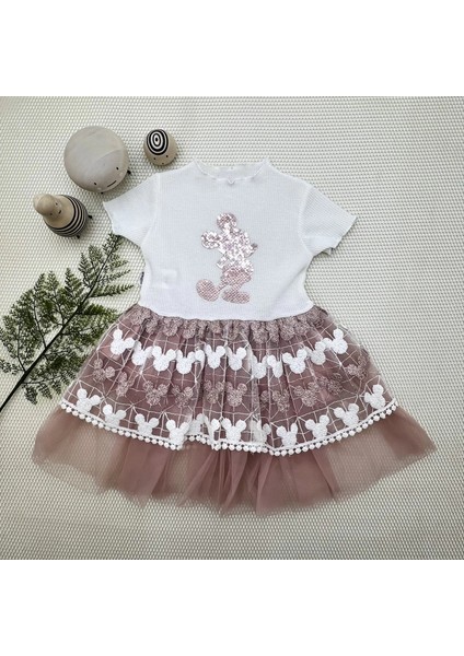 1-2-3 Yaş Payetli Mickey Baskılı Brode Etekli Kız Bebek Elbisesi Gül Kurusu