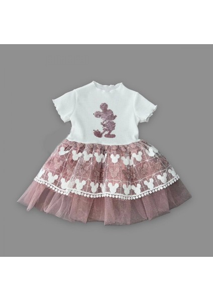 1-2-3 Yaş Payetli Mickey Baskılı Brode Etekli Kız Bebek Elbisesi Gül Kurusu fiyatları