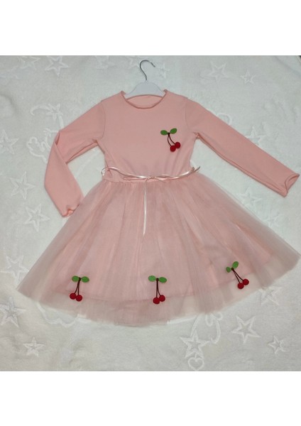 5-6-7 Yaş Kiraz Desenli Kurdela Kuşaklı Astarlı Uzun Kollu Kız Çocuk Tütü Elbise Somon fiyatları