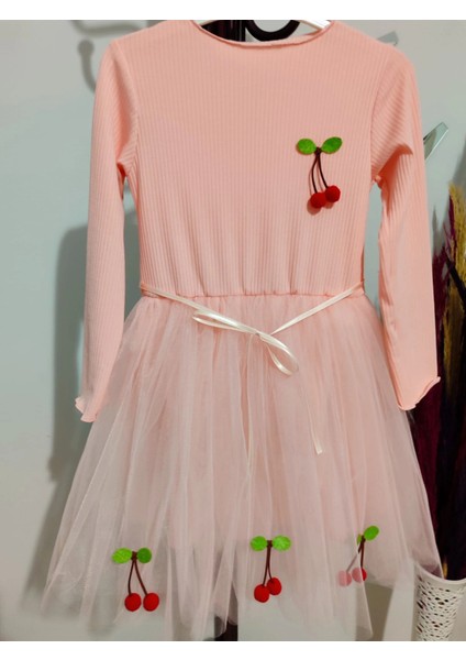 5-6-7 Yaş Kiraz Desenli Kurdela Kuşaklı Astarlı Uzun Kollu Kız Çocuk Tütü Elbise Somon modelleri