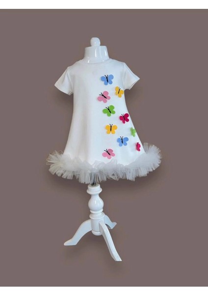 1-2-3 Yaş Renkli Kelebekler Nakışlı Eteği Fırfırlı Jile Çocuk Elbisesi Beyaz fiyatları