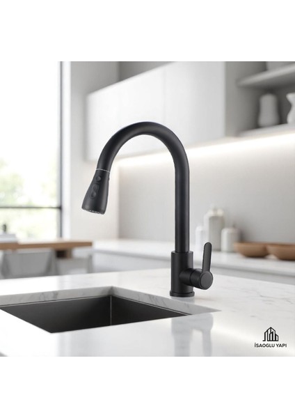Siyah Spiralli Mutfak Bataryası Mat Siyah Basınç Ayarlı Armatür