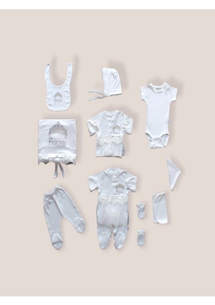 Taçlı Prensesim Nakışlı 10LU Zıbın Takımı Hastane Çıkışı Ekru