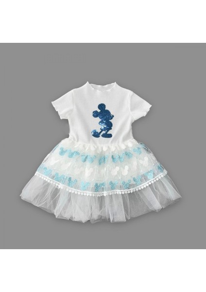 1-2-3 Yaş Payetli Mickey Baskılı Brode Etekli Kız Bebek Elbisesi Turkuaz fiyatları