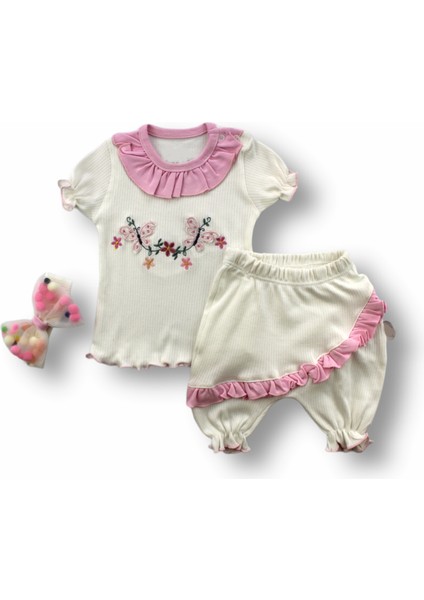 6-9 9-12 12-18 Ay Çiçek Nakışlı Roman Şalvar Bandanalı Kısa Kollu Sweat 3lü Kız Bebek Takımı Pembe