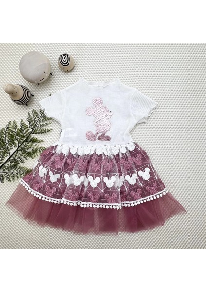 1-2-3 Yaş Payetli Mickey Baskılı Brode Etekli Kız Bebek Elbisesi Rose