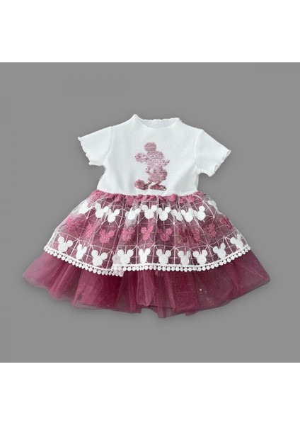 1-2-3 Yaş Payetli Mickey Baskılı Brode Etekli Kız Bebek Elbisesi Rose fiyatları