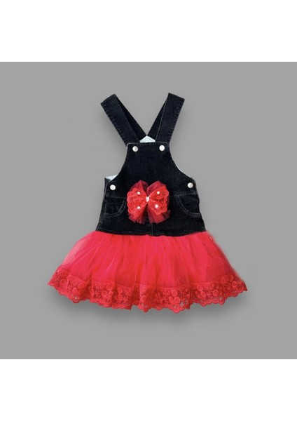 2-3-4 Yaş Fiyonklu Düğme Detaylı Tül Etek Kot Kumaş Salopet Kız Çocuk Elbisesi Siyah-Kırmızı fiyatları