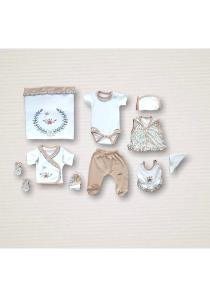 Erguvan Taç Nakışlı Kız Bebek 10LU Zıbın Takımı Hastane Çıkışı Turuncu