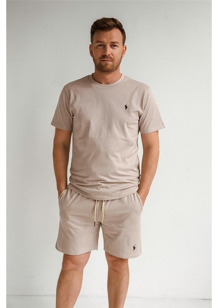 Polo Şortlu Takım Clasic Düz Açık Bej