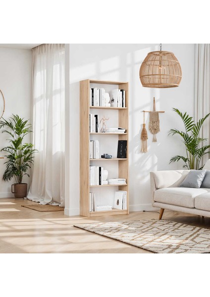 Modern 5 Raflı Kitaplık - Florida Meşe 64X182X26 cm