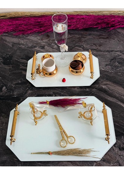 Beyaz Altıgen Söz ve Nişan Tepsisi, Damat ve Kahve Seti