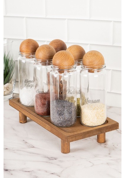 6'lı Ahşap Kapaklı Cam Baharatlık ve Saklama Kavanoz Seti 500 ml
