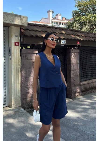Vera Kadın Lacivert Bermuda Şortlu Takım – Yazlık Rahat Tasarım fiyatları