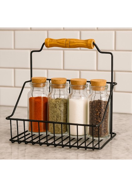 Ahşap Saplı Siyah Metal Tel Sepet – Çok Amaçlı Dekoratif Organizer