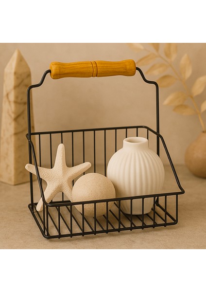 Ahşap Saplı Siyah Metal Tel Sepet – Çok Amaçlı Dekoratif Organizer fiyatları