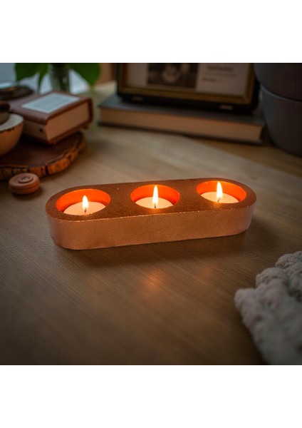 3'lü Modern Tealight Mumluk – El Yapımı Dekoratif Taş Tozu Mumluk Tepsi + 3 Adet Hediye Mum