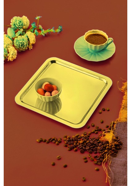 Altın Renk 2'li Kare Paslanmaz Çelik Kahve ve Çay Sunum Tepsisi 21X21CM
