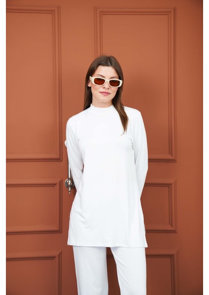 Viskon Tunik ve Pantolon Takım-Beyaz