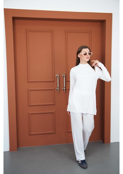 Viskon Tunik ve Pantolon Takım-Beyaz modelleri