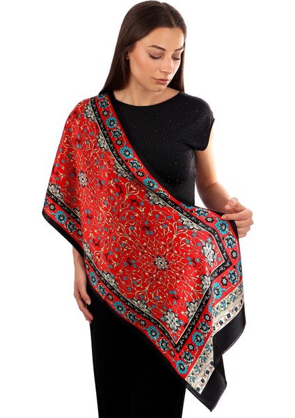 Kırmızı Sarmaşık Desen Dar Ipek Fular