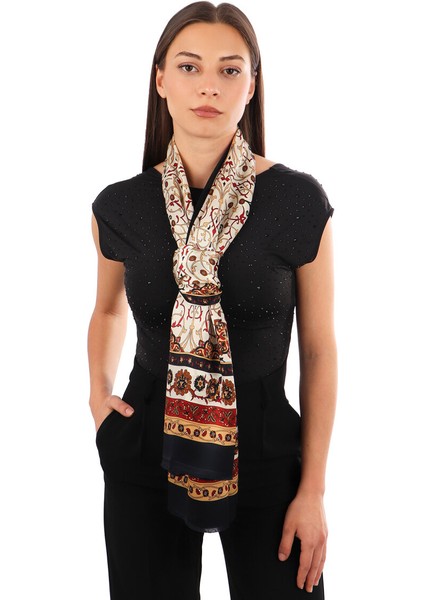 Bej Sarmaşık Desen Dar Ipek Fular