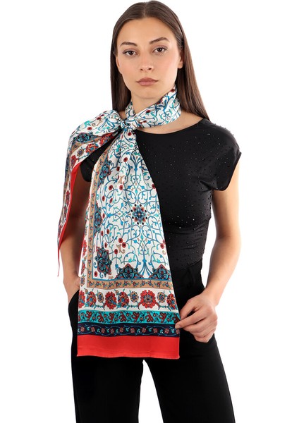 Kırmızı Sarmaşık Desen Dar Ipek Fular