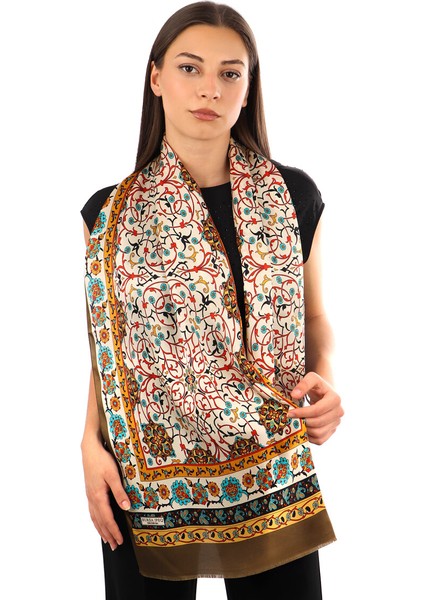 Haki Sarmaşık Desen Dar Ipek Fular