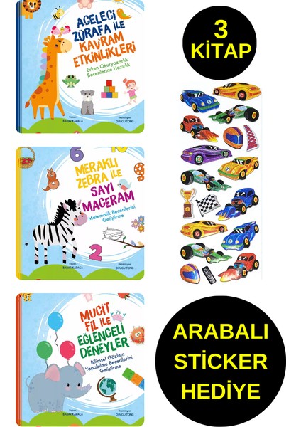 Arabalı Sticker Hediyeli - Okul Öncesi Resimli Kitaplar - Zürafa - Zebra - Mucit Fil - Etkinler