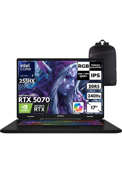 Msı Crosshaır 17HX Aı Ultra 7-255HX 64-GB DDR5 1 TB SSD RTX5070 (8GB-115W-GDDR7) 17" 2k Qhd+ 240Hz Windows 10 Pro Taşınabilir Bilgisayar + Hmf Sırt Çantası D2XWGKG-018XTRHMF38