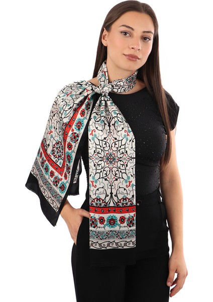 Siyah Sarmaşık Desen Dar Ipek Fular